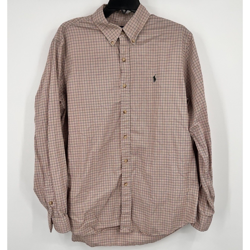 VTG Ralph Lauren Men Polo Classic Fit Long Sleeve‎ Size L Plaid Brown Gray